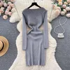 Casual Dresses Autumn Knitting For Women V-neck Long Sleeve Patchwork Skinny Vestidos French Chic Versatile Ladies Dress Drop