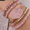 Bransoleta z kamienia naturalnego Różowe kwarcowe skórzane bransoletki dla kobiet klejnoty różowe kryształowe koraliki bohemia biżuteria 5 Strand305p