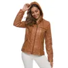 2023 Autumn Winter Women's Pu Leather Jackets Stand Collar Hooded Zip Spliced ​​Rivet Striped Woman's Faux Fur Short Slim Coats BKJ23009