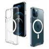 Capas de telefone de acrílico transparente para iPhone 15 14 13 12 11 Pro Max com botão prateado galvanizado Proteção total da câmera Capa magnética de carregamento sem fio