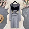 Casual Dresses Autumn Knitting For Women V-neck Long Sleeve Patchwork Skinny Vestidos French Chic Versatile Ladies Dress Drop