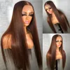 200 dichtheid Volledige Bruine Kleur 13x4 HD Lace Front Menselijk Haar Pruiken Rechte Kant Frontale Pruik Synthetisch voor Vrouwen Pre Geplukt291J