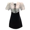 2023 Summer Black Contrast Color Panelled Dress Short Sleeve Peter Pan Neck RhinestoneKnee-Length Casual Dresses S3S01M053