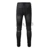 Jeans pour hommes Jeans skinny noirs extensibles pour motard pour hommes Slim genou déchiré avec trou pulvérisé sur lettre peinture homme pantalon Splash Designer en détresse coupe moteur longue fermeture éclair droite