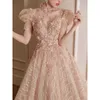 Blygsam långa glänsande mor till bruden klänningar spets applicerade formella golvlängd bröllopsklänning vintage plus storlek kväll gästklänningar för bröllop 403