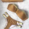 Mulheres Swimwear Gold Stamping Bikini Set Sexy Acolchoado Mulheres Swimsuit Push Up Bandeau Swimwear Verão Beachwear Brasil Banheira Terno L230909