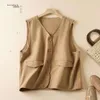 Japansk nisch retro overaller Pocket Vest V Neck All Matching ärmlös topp för kvinnor på hösten och vintern