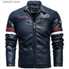 Herrläder faux läder män motorcykel jacka broderi bomber jacka smal fit pälsbikare kappa mode blixtlås male vinter män jacka läder t230909