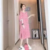 Summer Ins Ins Korean Stripe Dress Damska okładka brzucha długie krótkie rękawy nad kolanem luźna duża sukienka koszulka