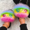 Slippers Real Fox Fur Slippers Fluffy Flip Flops Shiny Chain Furry Fur Slides Plush House Slippers Women Beach Flat Sandals Summer Shoes H0914 Q230909