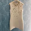 2023 Summer Apricot Solid Color Dress Sleeveless Round Neck Rhinestonekne-Lengen Casual Dresses S3S01M141