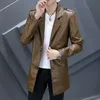 Men's Trench Coats Khaki Long Leather Jackets For Mens Slim Fit Pu Overcoats Autumn Winter Steampunk Style Stylish Clothing Imitation 230909