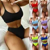 Solid Neon Swimsuit Ribbing Two-piece Suits Red Sexy Bikini Set High Waist Pleated Wavy Women Bandage BeachWear Monokini Swimwear Push Up Bathing Suit Biquinis New