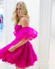 Magenta Homecoming Dress 2K24 Short Hoco Ruffed Ballon Sleeves Sheer Corset Drama 졸업 칵테일 파티 웨딩 게스트 휴가 클럽 Black-Tie Gala Prom Lilac