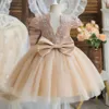 12M Baby dziewczyna biały chrzest chrztu sukienka niemowlę haft kwiatowy w pełnym rękawie suknia balowa nowonarodzona łuk Birhday Cake