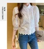 Blusas femininas camisas verão verão blusas básicas escritório senhora blusas vintage rendas topos elegante chiffon blusa feminina solta oco para fora camisas casuais 2024