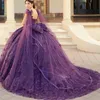 Purple Shiny Princess Quinceanera klänningar med Cape Off Shoulder Floral Butterfly Corset Sweet 15 Gown Vestido Debutante