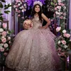 Or rose scintillant chérie cristal appliques arc Quinceanera robes robe de bal hors de l'épaule perles doux robes de 15 filles