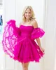 Robe de soirée magenta 2k24 courte Hoco manches ballon à volants corset transparent drame remise de diplôme cocktail fête de mariage invité club de vacances cravate noire gala bal de promo lilas