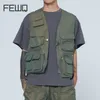 Herrenwesten FEWQ Herrenweste High Street Style Farbverlauf Stoff Funktional Multi Pocket Trend 2023 Vintage Mode 230909