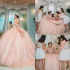 Bling Rose Pink Suknie ślubne Wysokie szyję koralika na zimną suknię na ramię Vestidos de Quinceanera Suknia ślubna gości