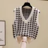 Vest Jacket stickad tröja Houndstooth V Neck Vintage Folding