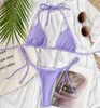 ソリッドネオン水着の女性包帯ビーチウェアファッション2ピーススーツ2023セクシーなビキニセットローワイストプリーツ波状水着スーツプッシュアップ入浴スーツ紫色のビキニ