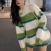 Kobiety Kreski Kreski Vintage moda marka pasiasty kolor kontrastowy Kolor okrągły Sweter Women jesień i zimowy luźny i leniwy styl SWEATER TOP