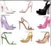 Berühmte Luxus-Schuhe mit roter Sohle, Sommersandale für Mädchen, gelber Knöchelriemen, mit Leder umwickelter Stiletto-Absatz, Abendmode, Lackleder-Keilsandalen, Name Designer, 35–44