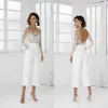 Mono atractivo barato Vestidos de novia Mangas largas Cuello transparente Sin espalda Apliques de encaje Longitud del té Vestido de novia bohemio de playa Bridal283e