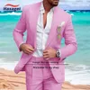 Costumes pour hommes Blazers Ensembles de costume en lin pour hommes pour la plage d'été Slim Fit 2 pièces pour garçons d'honneur de mariage Fête décontractée 230909