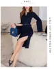 BASIS NIEUWE V-NECK Split Vintage Vestidos Simple Chic Work Wear Dress Dames Kantoor Bodycon Sheath Casual Pencil Jurken 2024