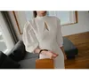 Grundläggande casual klänningar Summer Hot Sale Autumn Fashion Stand Collar Puff Sleeve Female Pencil Bodycon Dress Slim Solid Color Midi Casual Dresses 2024