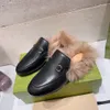 Fashion fur leather slippers womens princetown fur-trimmed leather loafers Round Toe Casual flat mules