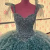 Sea Blue Sweetheart Spaghetti Strap Princess Quinceanera Dresses Beads Crystal Tull Tiered Lace-Up Corset Vestidos De 15 Anos