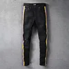 Black Slim Ripped Fashion Brand Jeans Pants Casual Hip Dance Four Season Streetwear Yellow Purple Striped Men Men's193e