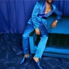 Herrenanzüge Blazer 2023 Mode Italienisch Blau Satin Männer Anzug Set Slim Fit Glänzendes Abschlussball Hochzeitskleid Bräutigam Smoking Maßgeschneidertes Kostüm HommeBlazerPants 230909