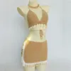 Conjunto de Bikini de 3 uds para mujer, Top con borlas de concha de ganchillo y cadena de tobillo de concha, falda para la playa Sexy de encaje transparente, Mini ajustado 2202112583