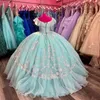 Aquablaue Quinceanera-Kleider 2024, schulterfreies Ballkleid, süßes 16-Kleid, Perlenapplikationen, Spitze, Pailletten, Geburtstagsparty-Kleider