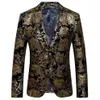 Blazer dorado negro para hombre, chaqueta de traje de boda con estampado floral de Paisley, trajes elegantes ajustados, ropa de escenario para hombre, Blazers Designs285A