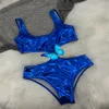 Ny läderbaddräkt Bikini Set Women Hardware Pad badkläder Svartblå Fast baddräkter Sexiga Pad Taggar237q