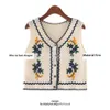 Gilet tricoté Vintage brodé pour femme, manteau au crochet, sans manches, col en V, Cardigan, printemps et automne
