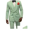 Tuxedos White Men sjal Lapel Groom Suits Blazer 2 Piece Dobby Prom Party Dinner Jacket kläder Custom MadejacketAddpantsAddbow Drop D Dhbyf