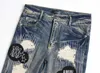 Jeans da uomo a maniche dritte elastiche con patch ricamate con foro blu stile punk blu moda 3410