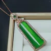 Pendant Necklaces Natural Green Jade Long Inlaid With Emerald Zircon Luxury Jadeite Rectangle Necklace Women Fine Jewelry Accessories