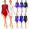 Stage Wear Women Figure Ice Skating Dress Lyrical Dance Ballet Gymnastics Costume Long Sleeve Shiny Rhinestone Sheer Mesh Leotard Dresses