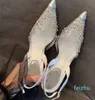 new pattern Crystal-Embellished PVC Pumps spool Heels sandals for women Luxury Designer Dress shoe Evening Slingback footwear