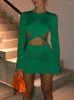 Work Dresses Women Dress Sets Elegant Sexy Two Piece Autumn Long Sleeve Wrap Tops And Mini Skirts Green Club Party Outfits 2023
