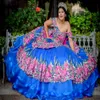 Blauwe Mexicaanse Bloem Quinceanera Jurken Tiered Baljurk Vestidos De 15 Quinceanera Uit De Schouder Xv Anos Charro