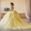 الأميرة الأصفر Quinceanera فساتين الرومانسية كرات الرموز حفلة موسيقية الحبيبة منتفخ عضوي عضوي حلو 15 سنة أردية دي سوي 205و